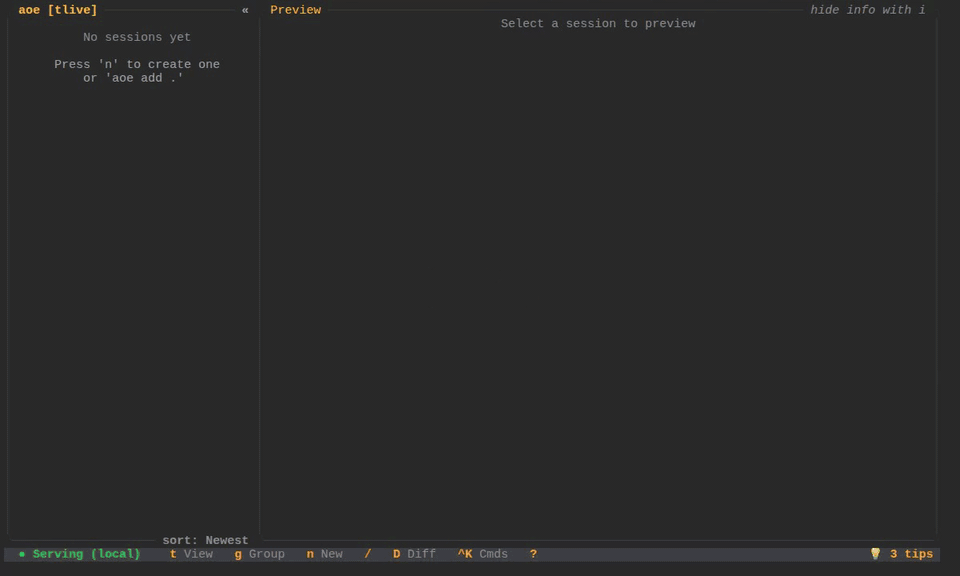 The aoe dashboard listing several live agent sessions