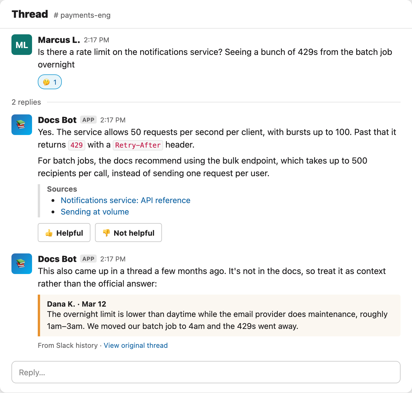 Mockup of a docs answer followed by a separate follow-up quoting an older Slack thread